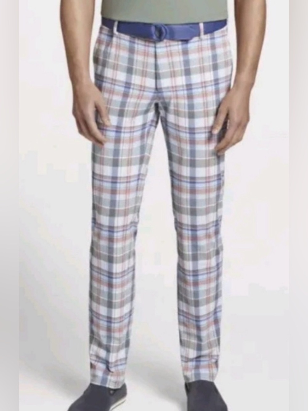 Peter Millar Crown Crafted Seersucker Madras Plaid Pants in Galaxy, Size 33/34
